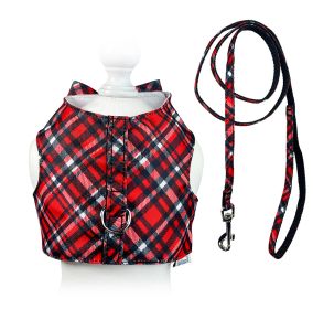 Red Plaid Harness Vest with Matching Leash (Color: M, size: )